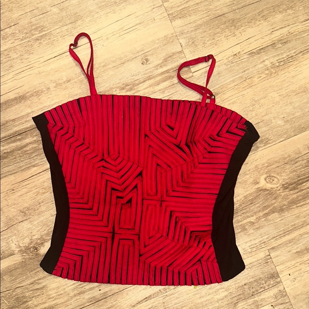 Unique Y2K Red Black Geometric Corset Cami Top Party Clubwear Sz 8